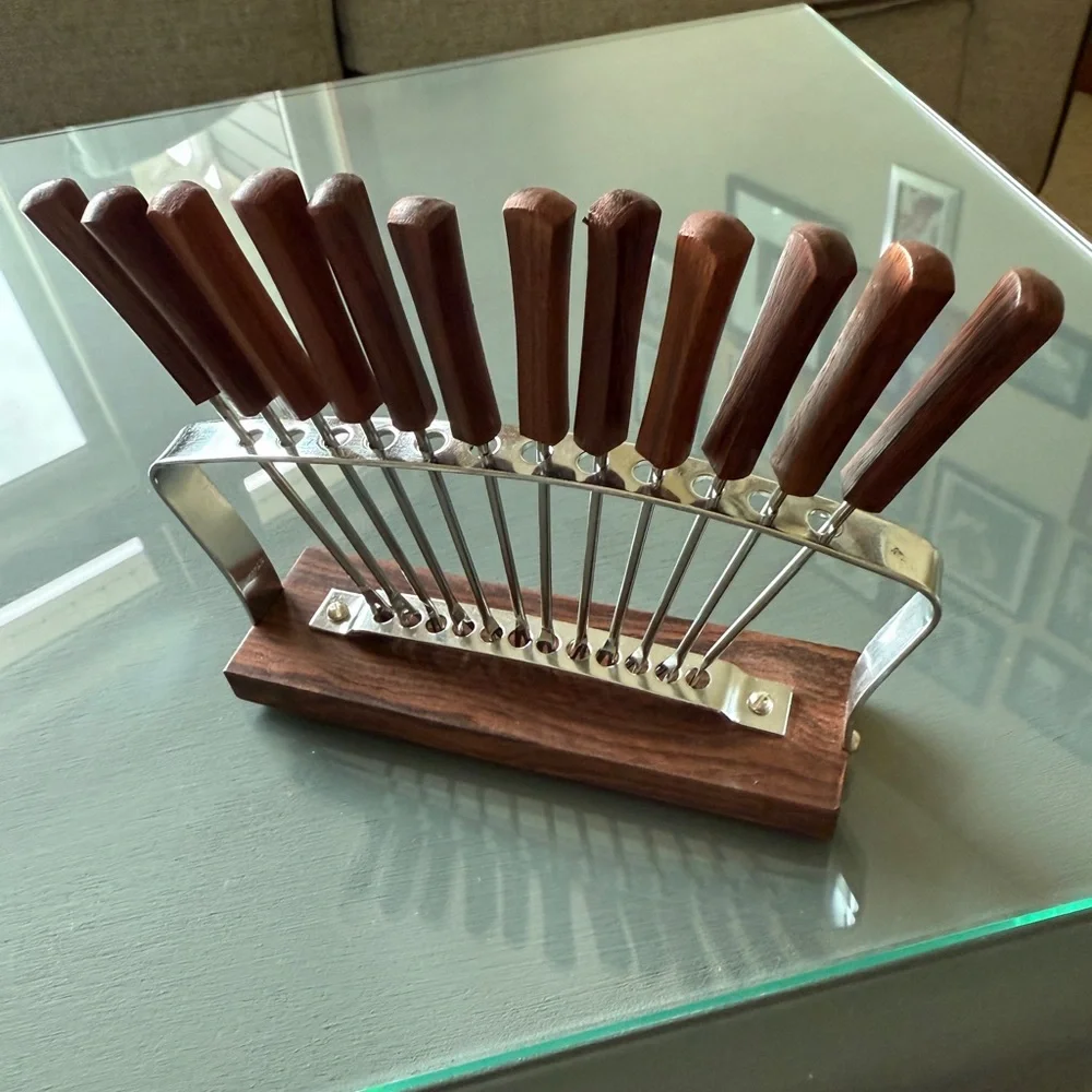 Vintage Cocktail Appetizer Stainless Steel and Rosewood Stand Bar Rostfrei Set.